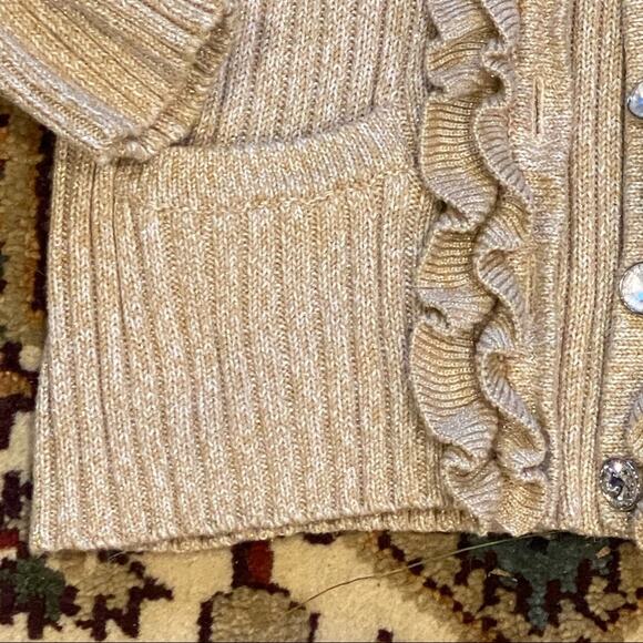 RUBY RD. M Gold-Dusted Ruffle Edged Cotton Blend Cardigan Sweater w/ Pockets - Picture 4 of 8